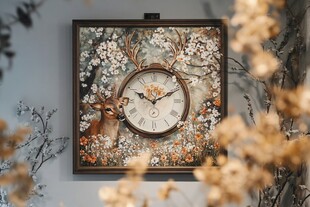 鹿影繁花时钟装饰画