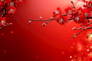 红梅绽放红背景喜庆图