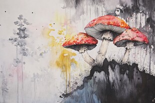 奇幻蘑菇水彩画场景