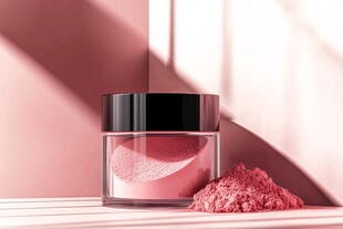 粉色腮红罐与散落粉状物