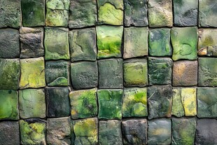 青苔覆盖的古朴石砖墙面