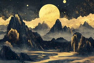 月夜下的奇幻山脉景观