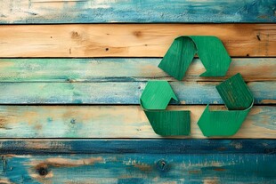 木质背景上的绿色回收标志