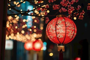 红灯笼映繁花夜景迷人