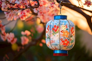 花树间的中式彩绘灯笼