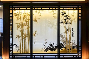 中式屏风上的雅致竹景图