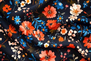黑色底多彩花卉布料图案