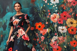 花裙女子与绚烂花卉背景