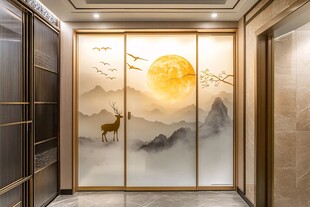 中式山水鹿影玄关玻璃门