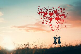 夕阳下情侣放飞爱心气球
