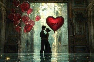 浪漫爱侣与红心气球场景