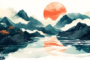 落日映山水诗意画卷