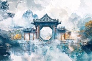 水墨古风亭台山水美景