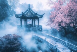 雾中亭阁映粉樱