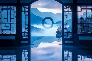 中式窗景中的山水梦幻境
