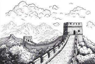手绘长城景观