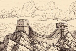 水墨风万里长城巍峨图景