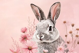 粉花旁的可爱灰兔子