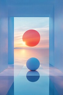 梦幻空间中的落日与球体