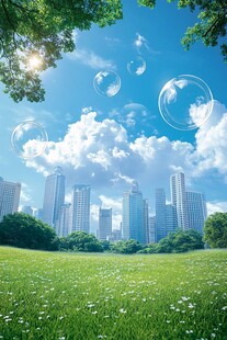 城市绿野间的梦幻泡泡世界