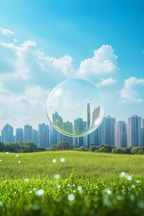 城市在草地泡泡中的奇幻景象