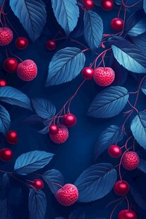 梦幻蓝背景下的红果绿叶