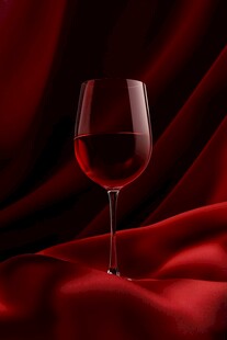 红绸上的优雅红酒杯