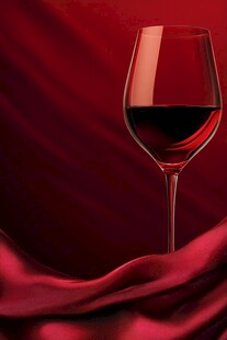 红绸上的优雅红酒杯