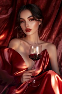 红裙佳人持杯尽显优雅