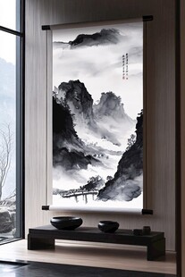 中式水墨山水卷轴装饰画