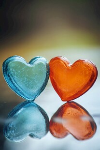 双色爱心玻璃摆件特写