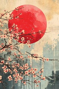 日式樱花与红日风景图