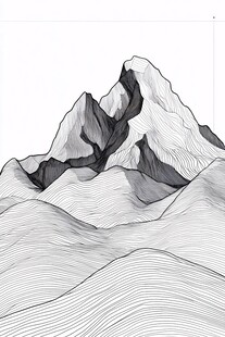 黑白线条勾勒的巍峨山峰