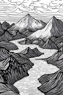 黑白手绘山川河流景观