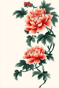 手绘盛开的娇艳牡丹花