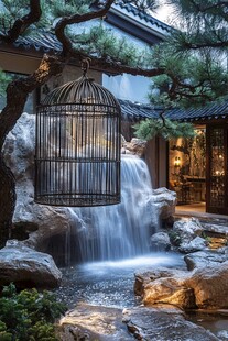 中式庭院中的鸟笼与瀑布