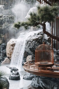 中式禅意庭院中的鸟笼景致