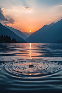 湖畔落日波纹美景