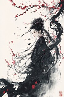 水墨古风女子倚立花枝旁