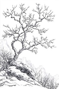 枯树屹立山石间水墨画
