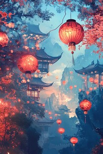 古风夜景中高悬的红灯笼