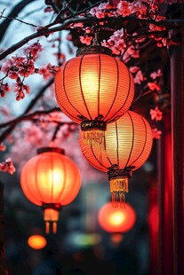 红灯笼映粉花枝