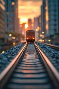 夕阳下铁轨上的行驶列车