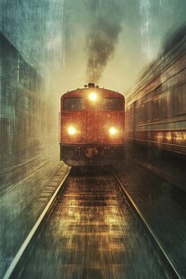 疾驰的复古火车穿越雨幕