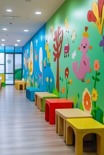 童趣走廊 多彩座椅与卡通墙画
