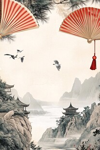 古风山水间的折扇与飞鸟