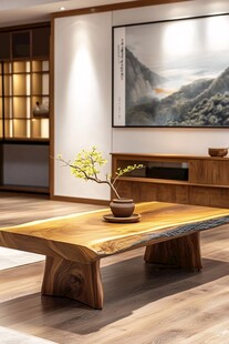 中式风格茶室中的原木茶桌