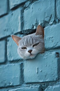 灰猫探出头于蓝砖墙