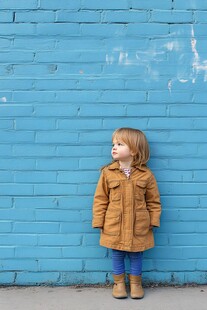 站在蓝墙前的可爱小孩