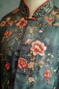中式复古花卉刺绣旗袍细节